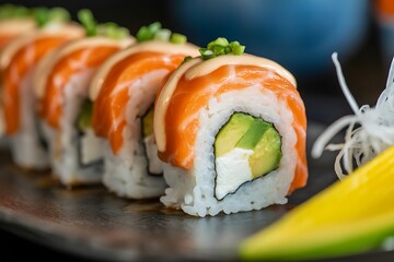 Delicious Salmon Avocado Sushi Rolls with Creamy Topping and Fresh Greens