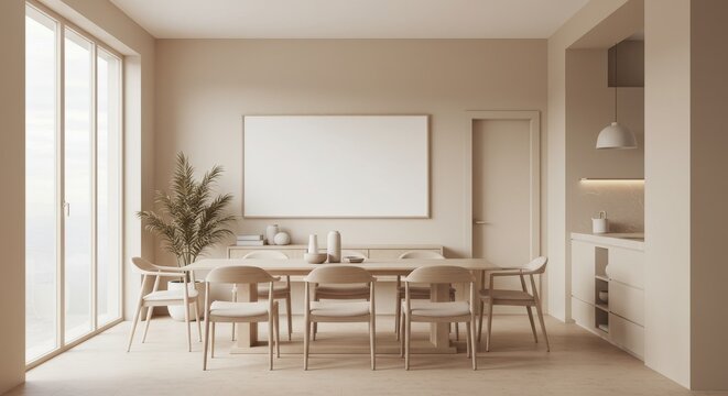 Minimalist Beige Dining Room Interior - Modern dining room with beige walls, wooden table and chairs, large window, and blank canvas. Simple, elegant design