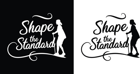 Shape the standard influential graphic design featuring shape the standard text and a person with a cane presented on both black and white backgrounds