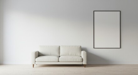 Minimalist Living Room Interior Mockup - A clean, modern living room with a light grey sofa and a blank frame on a white wall, perfect for interior design presentations