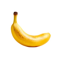 A single ripe yellow banana with brown spots showing its sweetness and ripeness isolated on transparent background