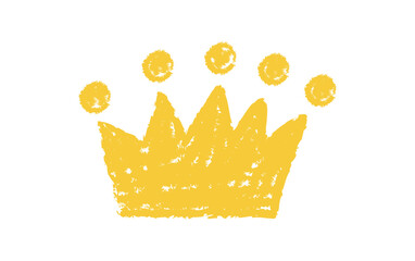 Hand-drawn wax crayon crown doodle icon. A playful chalk textured element for kids' designs, stickers, posters, creative illustrations.