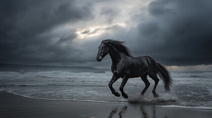 A black horse galloping across stormy beach, dramatic lighting