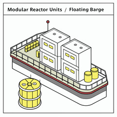 Isometric view of a floating barge with modular reactor units and cylindrical storage tanks on the deck