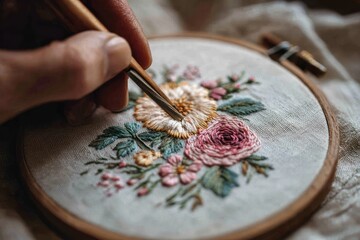 Close-up of hand embroidering floral design