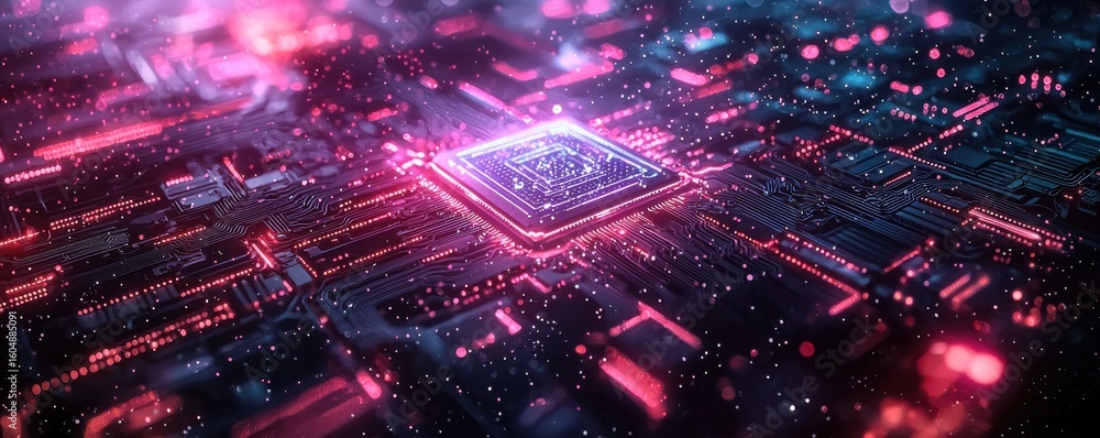 Poster futuristic digital circuit board with glowing processor in a neon style
