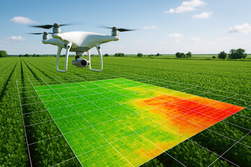 White drone surveying green farmland with heat map overlay agriculture technology