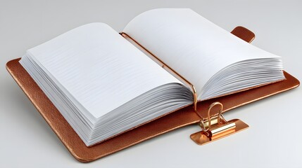 Fototapeta premium Open rose gold leather-bound notebook with blank pages.