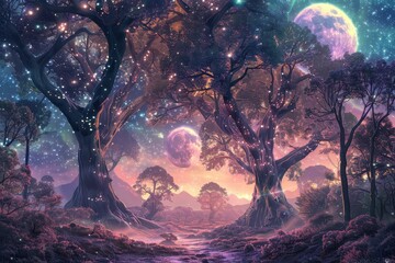 A fantasy forest with a path leading to a full moon