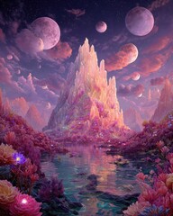 A fantasy landscape with a castle and a river