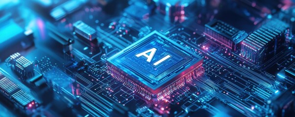 Obraz premium Futuristic AI chip microprocessor on illuminated circuit background for advanced technology applications