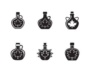 Set of Maple Syrup Bottles with Leaf Icon in Black and White Silhouette Vector Illustration