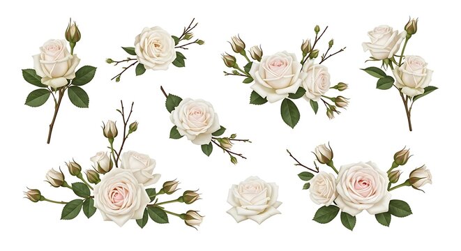Elegant White Roses in Various Arrangements on White Background Botanical Illustration Delicate Floral Compositions for Wedding Invitations and Greeting Cards