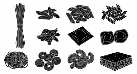 Various Pasta Types and Noodle Shapes Line Icon Set – Spaghetti, Penne, Fusilli, Ravioli, Tortellini, Macaroni, Lasagna Vector Illustration

