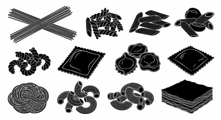 Various Pasta Types and Noodle Shapes Line Icon Set – Spaghetti, Penne, Fusilli, Ravioli, Tortellini, Macaroni, Lasagna Vector Illustration

