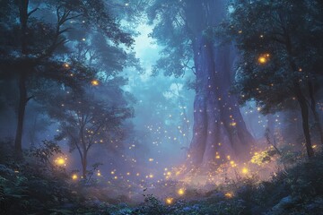 A forest with fireflies in the trees