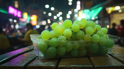 Fresh Shine Muscat grapes, green color, transparent plastic container, glossy skin, natural shine, water droplets, extreme close-up, trendy healthy snack, premium fruits, street food market, Korean