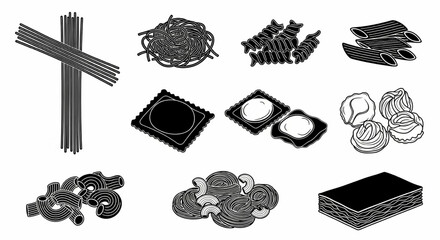 Various Pasta Types and Noodle Shapes Line Icon Set – Spaghetti, Penne, Fusilli, Ravioli, Tortellini, Macaroni, Lasagna Vector Illustration

