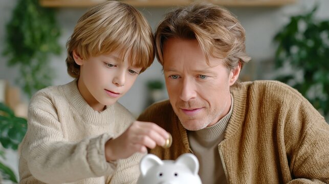 Father and son saving coins in piggy bank home family activity cozy indoor setting close-up view financial education