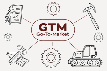 Illustration of go to market strategy with gears, construction equipment, and presentation graphics shown