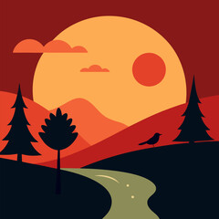 Sunset over the river with forest, bird, tree vector landscape background.