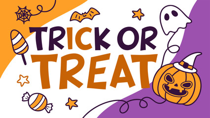 Whimsical halloween celebration featuring trick or treat text with a friendly ghost smiling pumpkin bat spiderweb and candy