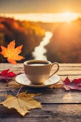 cup of coffee with autumn sunset background.