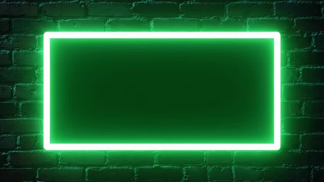 Green Neon Light Rectangle Frame on Dark Brick Wall Background Modern Empty Blank Border Vibrant Illuminated Sign Copy Space