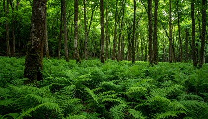 Lush forest floor covered in ferns