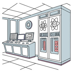 Illustration of a control room with computers monitors and large server units against a white wall