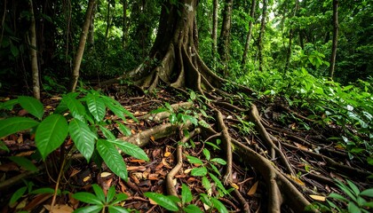 Lush forest floor with large roots