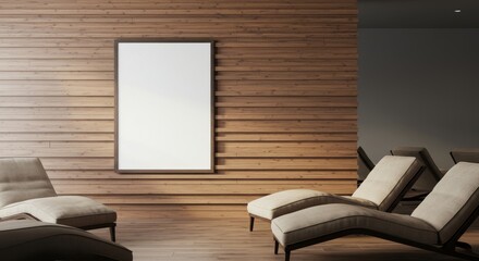 Modern Living Room Poster Mockup - Relaxing lounge chairs, wooden wall, blank poster, sunlight, modern interior design. Concept: serenity, comfort, minimalist , home decor, advertisement