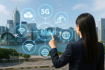Woman interacting with futuristic city network interface business technology