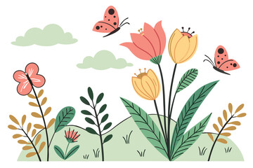Spring season flat Garden with Butterflies and Flowers vector illustration