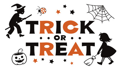 Whimsical halloween graphic featuring trick or treat text with a witch candy spider pumpkin and spiderweb elements