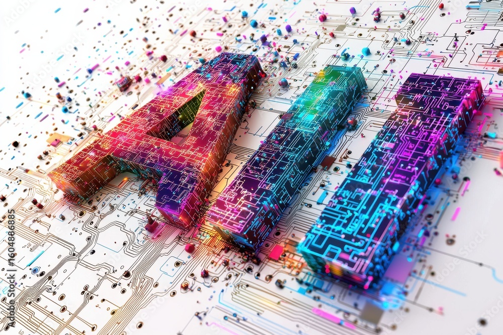Poster colorful ai design with neon circuit patterns on white background