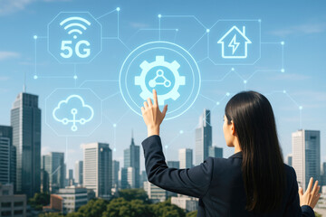 Woman interacting with futuristic city technology interface image