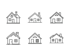 Set of Simple Minimalist House Icons Line Art Depicting Residential Buildings and Architectural Designs in Vector Format