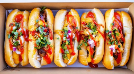Top view, bite-sized sliders, rustic paper box, colorful toppings, dripping sauces, golden toasted buns, street food festival, gourmet mini burgers, hot dog variety, catering, trendy.