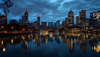 Obraz premium Melbourne Cityscape View at Night with Reflections over Waterway, Australia