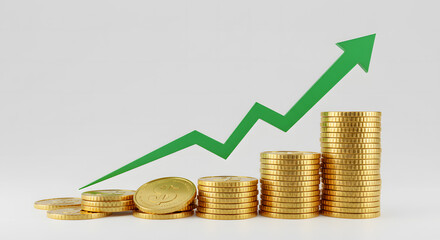 Financial Growth Concept Coins Stacking with Upward Arrow for Investment and Savings Visualization