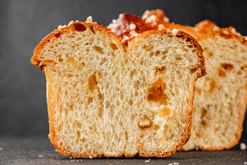 Brioche sweet baked dessert fluffy baked goods fresh delicious gourmet food background on the table...