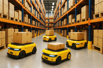 Fototapeta premium Yellow autonomous robots carrying cardboard boxes in a warehouse logistics automation