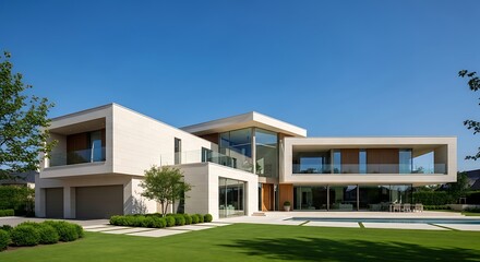 Modern architectural masterpiece of a luxurious family home with geometric designs and expansive glass windows on a meticulously landscaped property