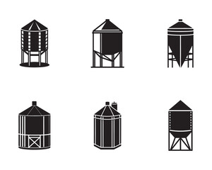 Set of Six Black and White Silhouettes of Grain Bins for Agricultural Themes and Farm Land Concepts and Visual Communication © MD