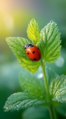 Fototapeta premium Ladybug Walking on Vibrant Green Leaves with Morning Dew in a Natural Setting