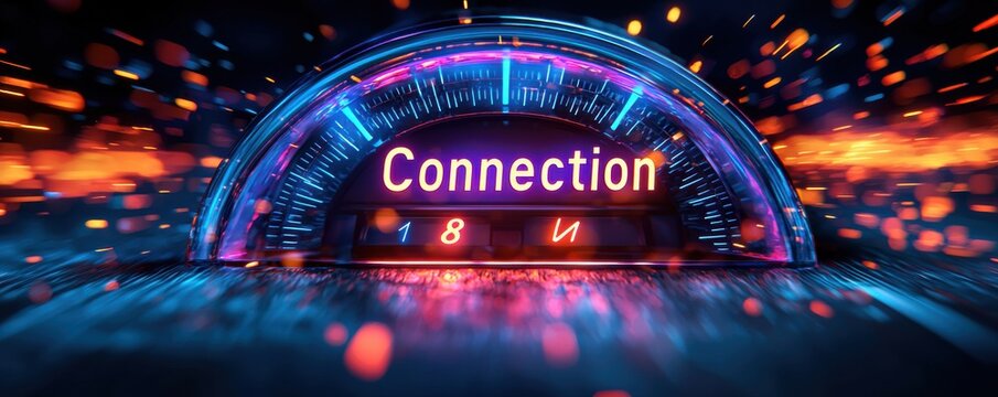 Illuminated connection text with digital effects emphasizing speed and technology