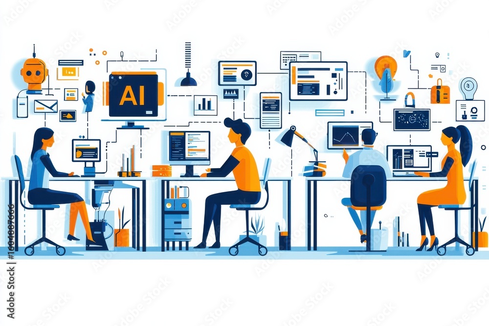 Poster team collaborating in a high-tech workplace surrounded by artificial intelligence