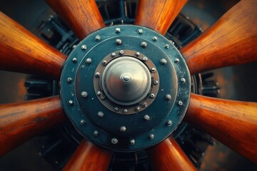 Close-up of a vintage airplane propeller, showcasing intricate details and wooden blades.