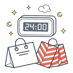 Shopping bags and digital clock indicating midnight concept  